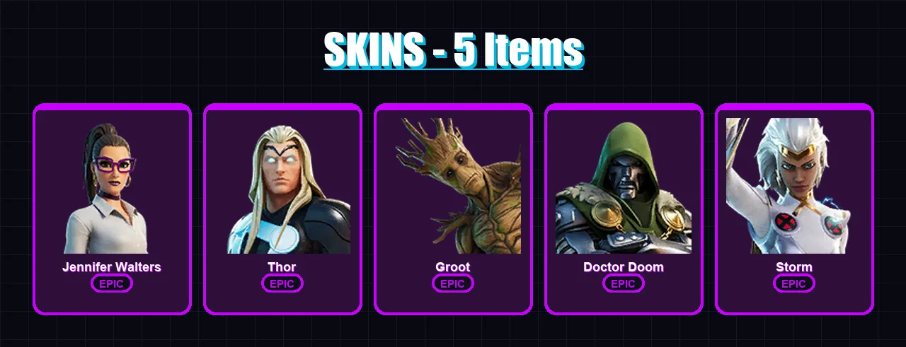 [PC/XBOX/PSN] | Jennifer Walters | Thor | Groot | Doctor Doom | Storm | 5 skin | 10 pickaxe | 8 emote | 11 glider | Lv198