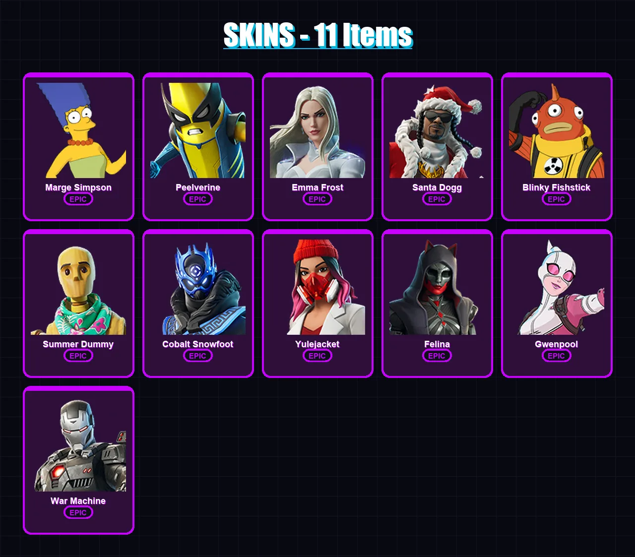 [PC/XBOX] | Marge Simpson | Peelverine | Emma Frost | Santa Dogg | Blinky Fishstick | 11 skin | 54 pickaxe | 20 emote | 36 glider | Lv355