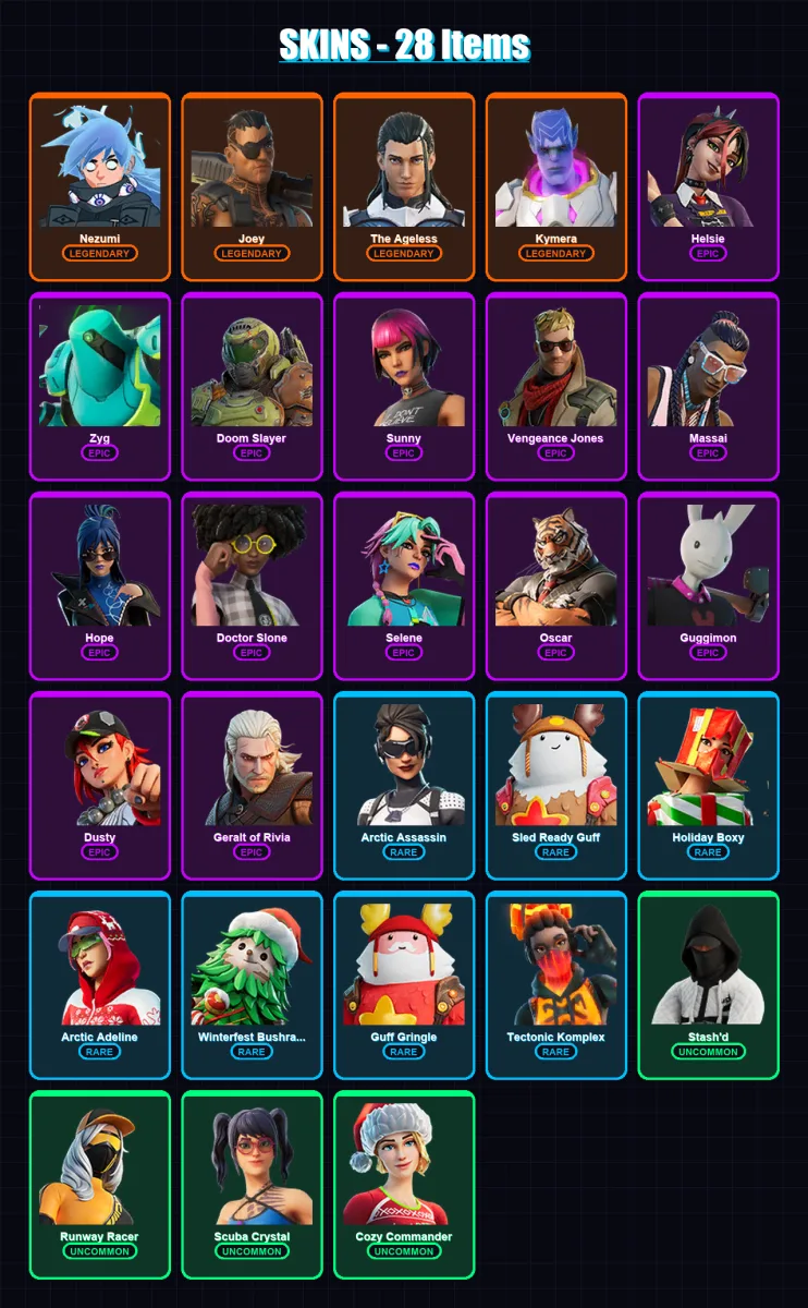 [PC] | Nezumi | Joey | The Ageless | Kymera | Helsie | 28 skin | 39 pickaxe | 31 emote | 38 glider | Lv671