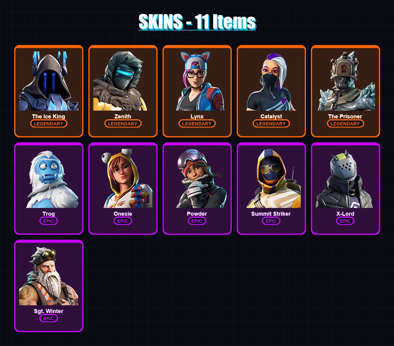 [PC/XBOX/PSN] | The Ice King | Zenith | Lynx | Catalyst | The Prisoner | 11 skin | 9 pickaxe | 16 emote | 15 glider | Lv235