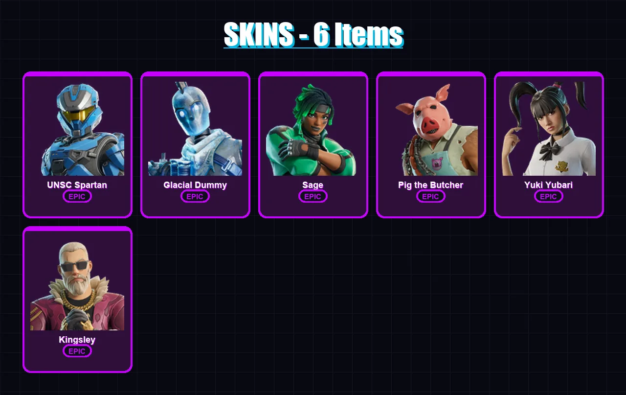 [PS4/PS5/XBOX/PC] | UNSC Spartan | Glacial Dummy | Sage | Pig the Butcher | Yuki Yubari | 6 skin | 40 pickaxe | 17 emote | 18 glider | Lv819
