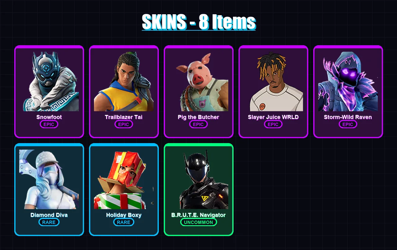 [PC/PSN] | Snowfoot | Trailblazer Tai | Pig the Butcher | Slayer Juice WRLD | Storm-Wild Raven | 8 skin | 36 pickaxe | 18 emote | 32 glider | Lv550