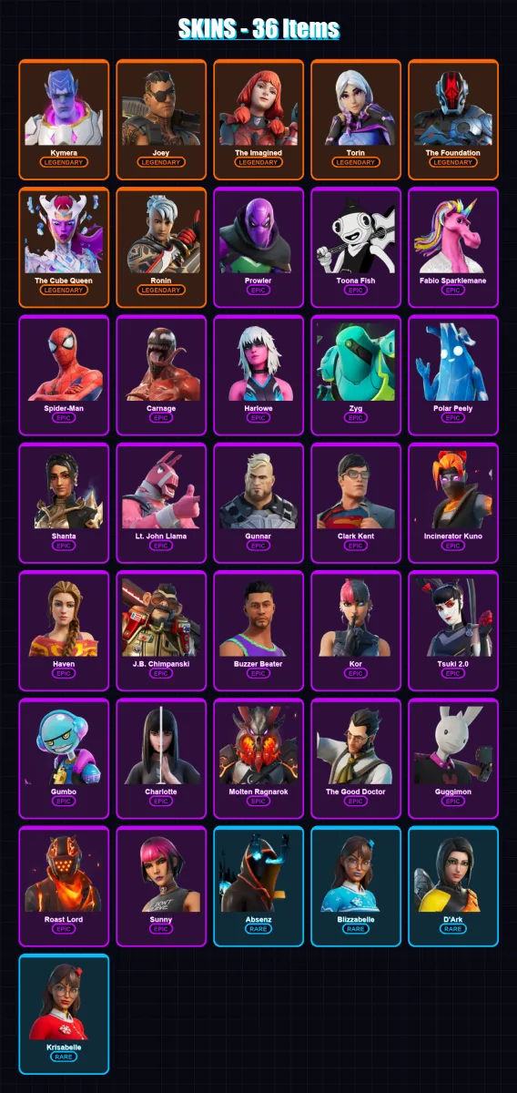[PC/XBOX/PSN] | Kymera | Joey | The Imagined | Torin | The Foundation | 36 skin | 36 pickaxe | 21 emote | 33 glider | Lv458