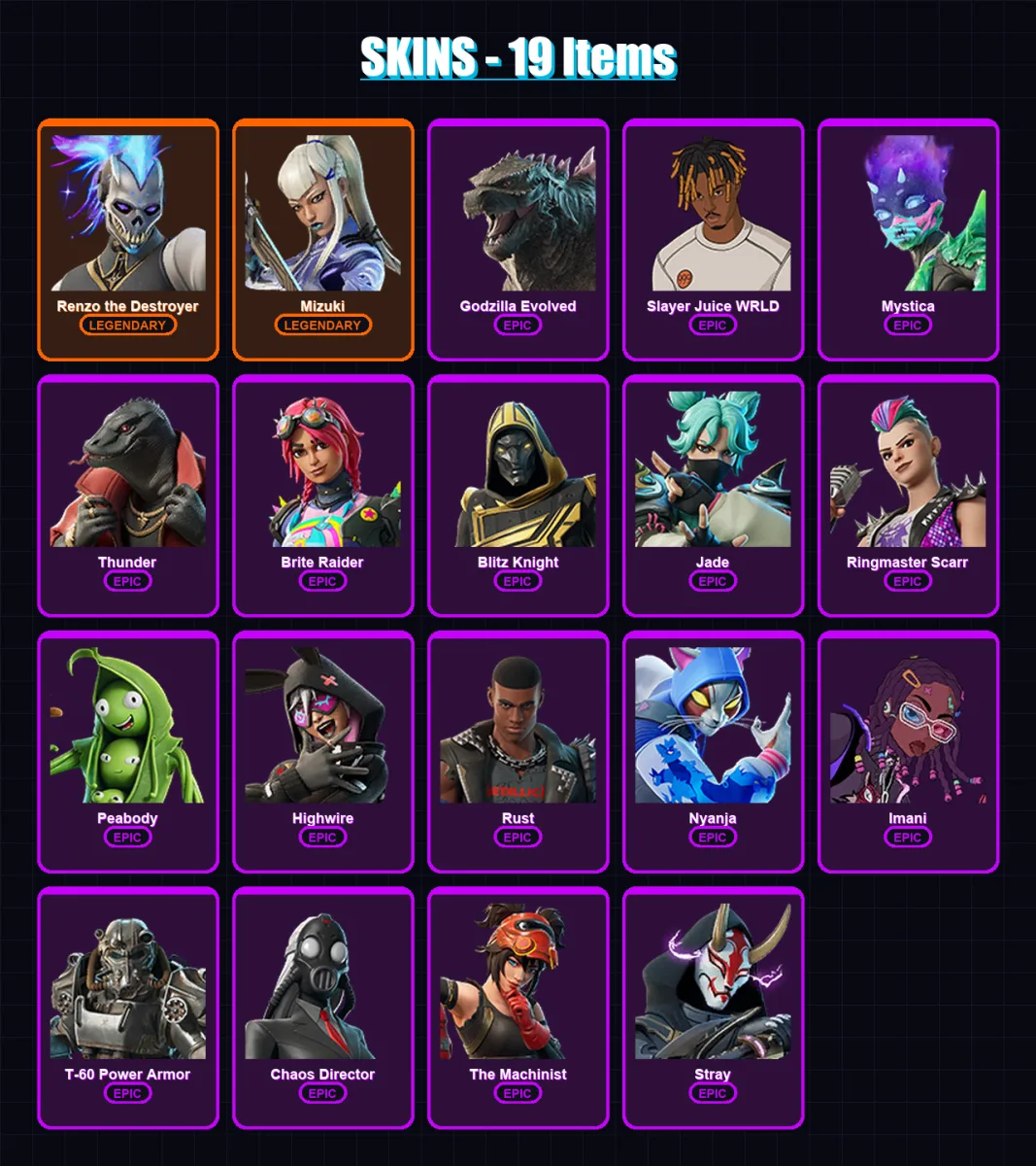 [PC/PSN] | Renzo the Destroyer | Mizuki | Godzilla Evolved | Slayer Juice WRLD | Mystica | 19 skin | 57 pickaxe | 31 emote | 40 glider | Lv559 — Fortnite account