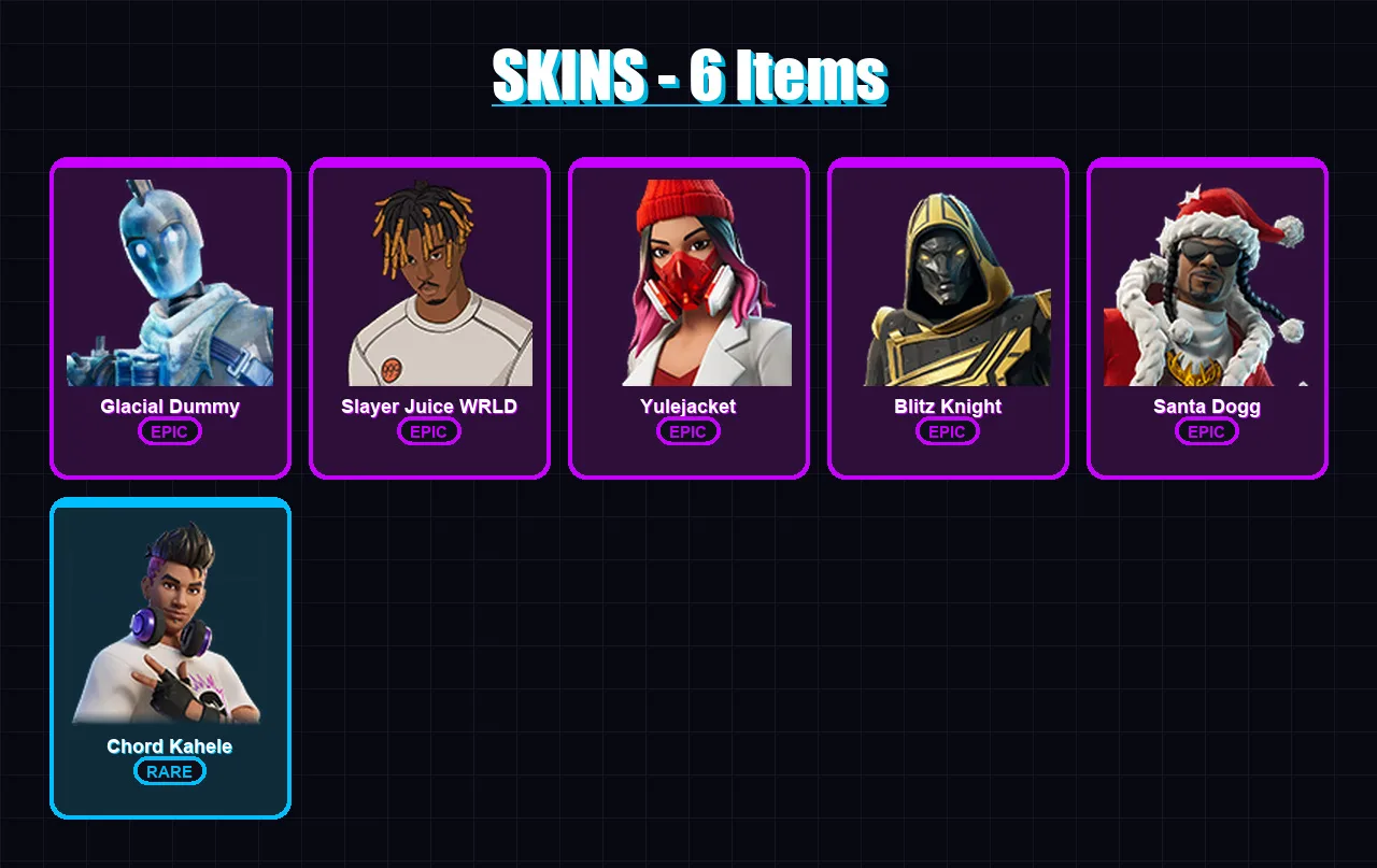 [PS4/PS5/XBOX/PC] | Glacial Dummy | Slayer Juice WRLD | Yulejacket | Blitz Knight | Santa Dogg | 6 skin | 32 pickaxe | 10 emote | 22 glider | Lv261