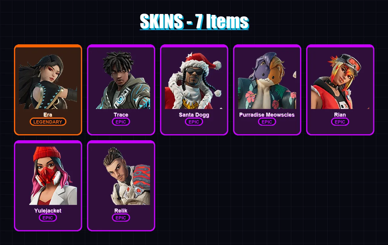 [PC/XBOX/PSN] | Era | Trace | Santa Dogg | Purradise Meowscles | Rian | 7 skin | 21 pickaxe | 8 emote | 16 glider | Lv144