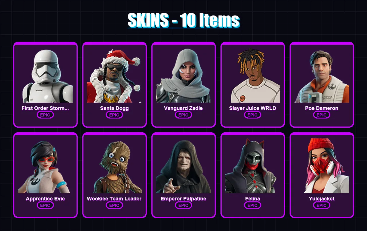[PC/XBOX] | First Order Stormtrooper | Santa Dogg | Vanguard Zadie | 10 skin | Lv580 — Fortnite account