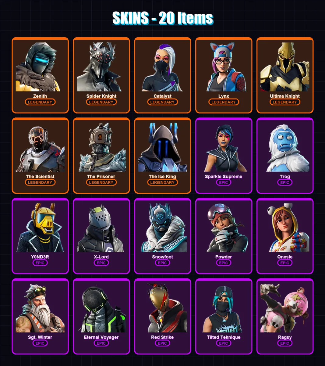 [PC/XBOX/PSN] | Zenith | Spider Knight | Catalyst | Lynx | Ultima Knight | 20 skin | 23 pickaxe | 32 emote | 26 glider | Lv323