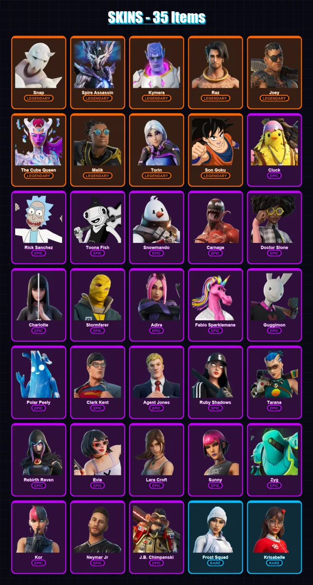 [PS4/PS5/XBOX/PC] | Snap | Spire Assassin | Kymera | Raz | Joey | 35 skin | 45 pickaxe | 36 emote | 47 glider | Lv789