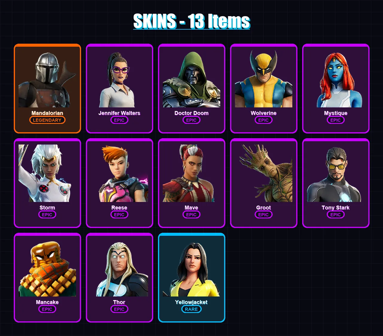 [PC/XBOX/PSN] | Mandalorian | Jennifer Walters | Doctor Doom | Wolverine | Mystique | 13 skin | 18 pickaxe | 10 emote | 17 glider | Lv320