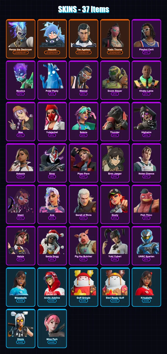 [PC] | Renzo the Destroyer | Nezumi | The Ageless | Kado Thorne | Playboi Carti | 37 skin | 89 pickaxe | 62 emote | 65 glider | Lv1152