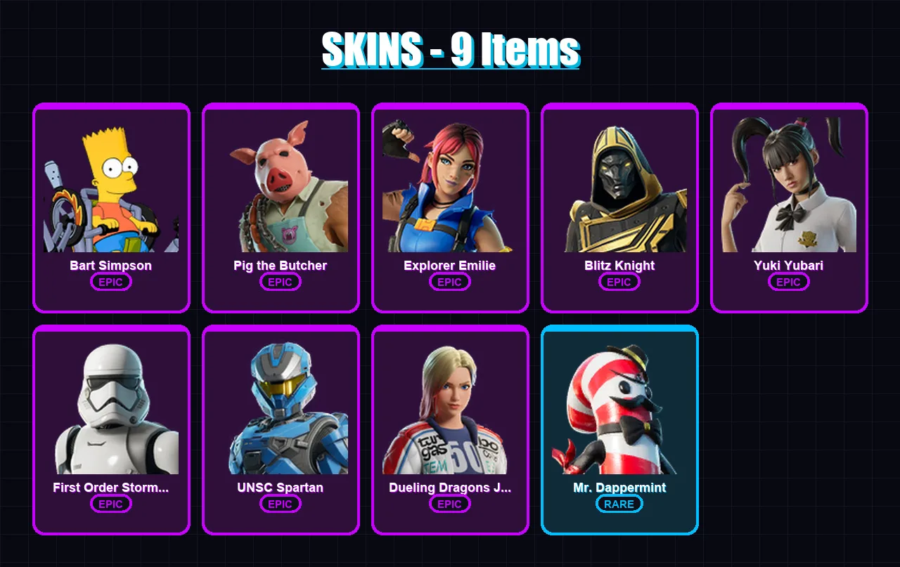 [PC/XBOX] | Bart Simpson | Pig the Butcher | Explorer Emilie | Blitz Knight | Yuki Yubari | 9 skin | 71 pickaxe | 34 emote | 47 glider | Lv822