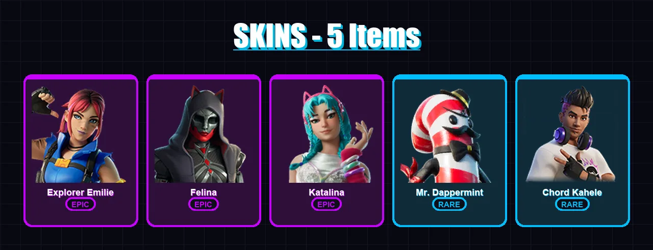 [SWITCH/XBOX/PSN/PC] | Explorer Emilie | Felina | Katalina | Mr. Dappermint | Chord Kahele | 5 skin | 12 pickaxe | 8 emote | 8 glider | Lv239