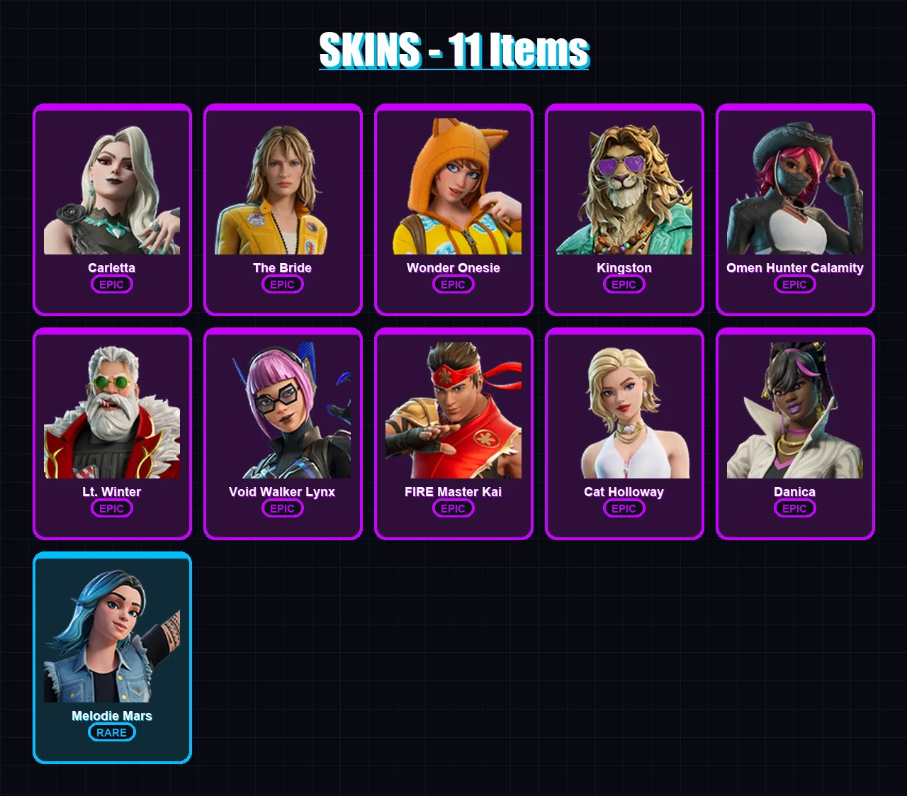 [SWITCH/PSN/PC] | Carletta | The Bride | Wonder Onesie | Kingston | Omen Hunter Calamity | 11 skin | 11 pickaxe | 11 emote | 9 glider | Lv34