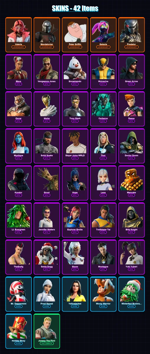 [PC/XBOX/PSN] | Valeria | Mandalorian | Peter Griffin | Galaxia | Predator | 42 skin | 60 pickaxe | 41 emote | 40 glider | Lv692