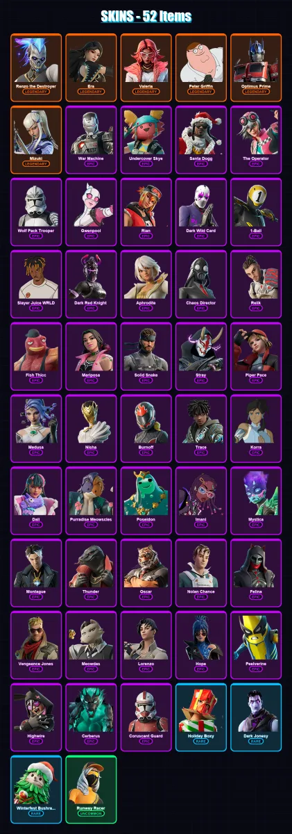 [PC/XBOX] | Renzo the Destroyer | Era | Valeria | Peter Griffin | Optimus Prime | 52 skin | 73 pickaxe | 53 emote | 64 glider | Lv836