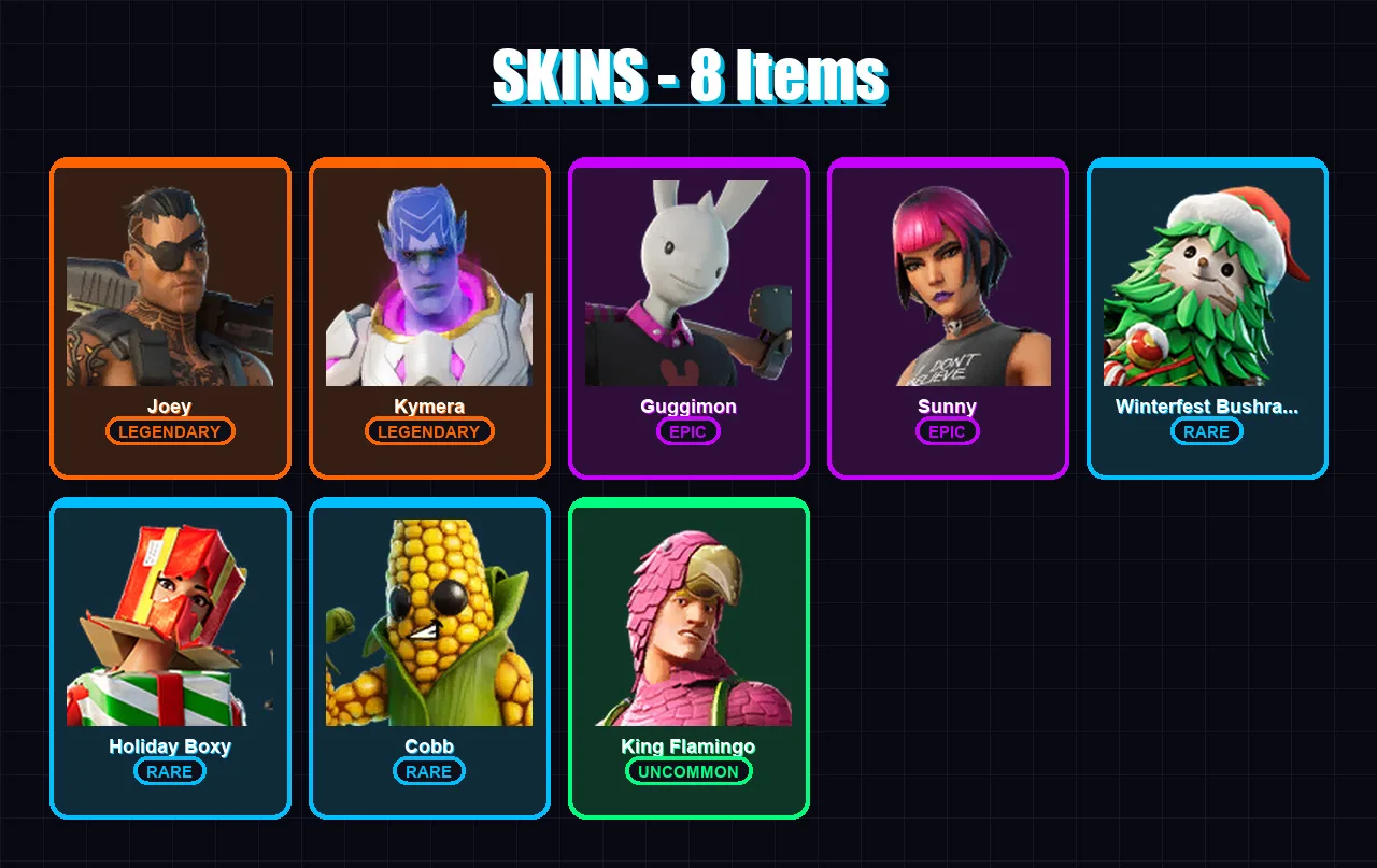 [PC/XBOX/PSN] | Joey | Kymera | Guggimon | Sunny | Winterfest Bushranger | 8 skin | 12 pickaxe | 13 emote | 14 glider | Lv296