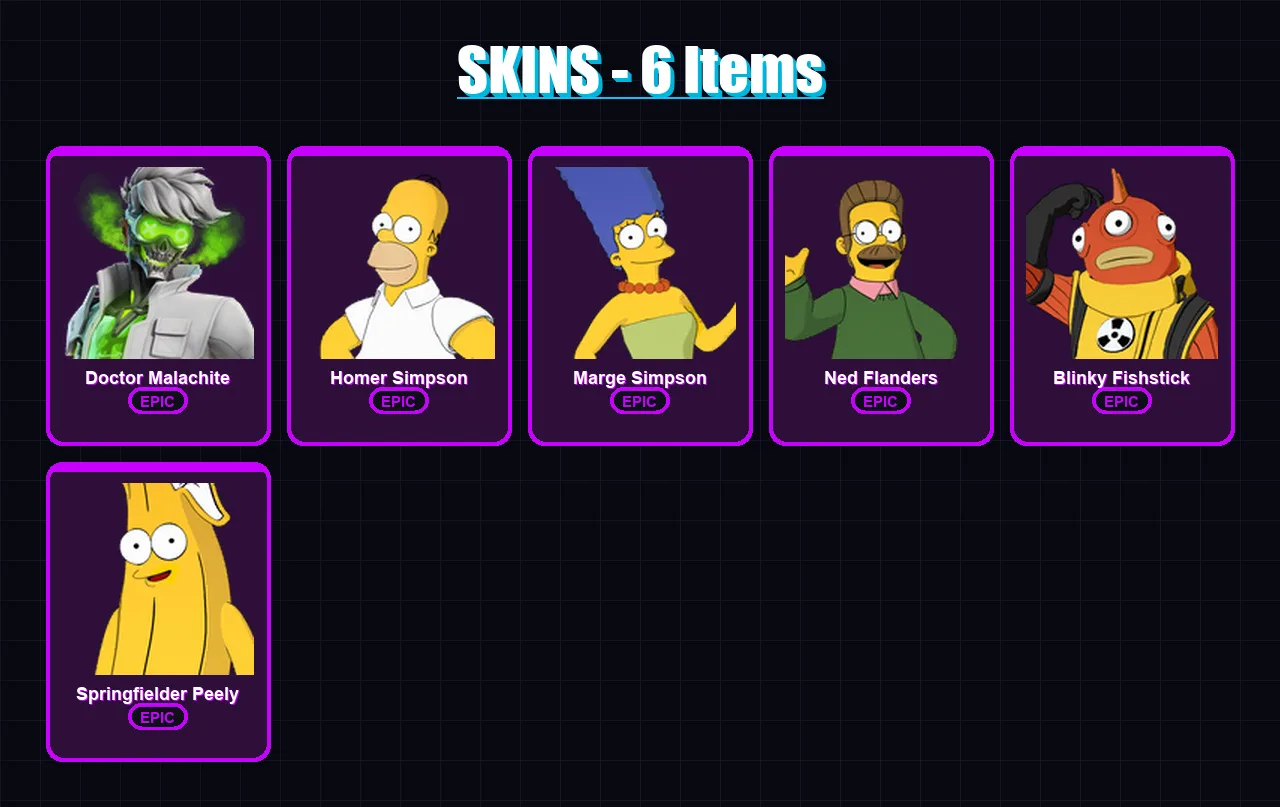 [PC/XBOX/PSN] | Doctor Malachite | Homer Simpson | Marge Simpson | Ned Flanders | Blinky Fishstick | 6 skin | 10 pickaxe | 6 emote | 10 glider | Lv5