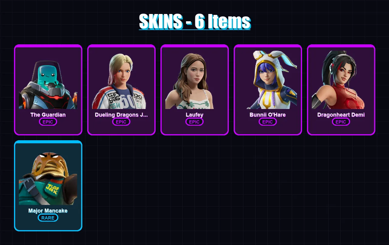 [PC] | The Guardian | Dueling Dragons Jackie | Laufey | Bunnii O'Hare | Dragonheart Demi | 6 skin | 4 pickaxe | 1 emote | 2 glider | Lv4