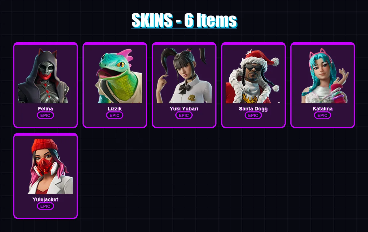 [PC/XBOX/PSN] | Felina | Lizzik | Yuki Yubari | Santa Dogg | Katalina | 6 skin | 28 pickaxe | 9 emote | 17 glider | Lv183