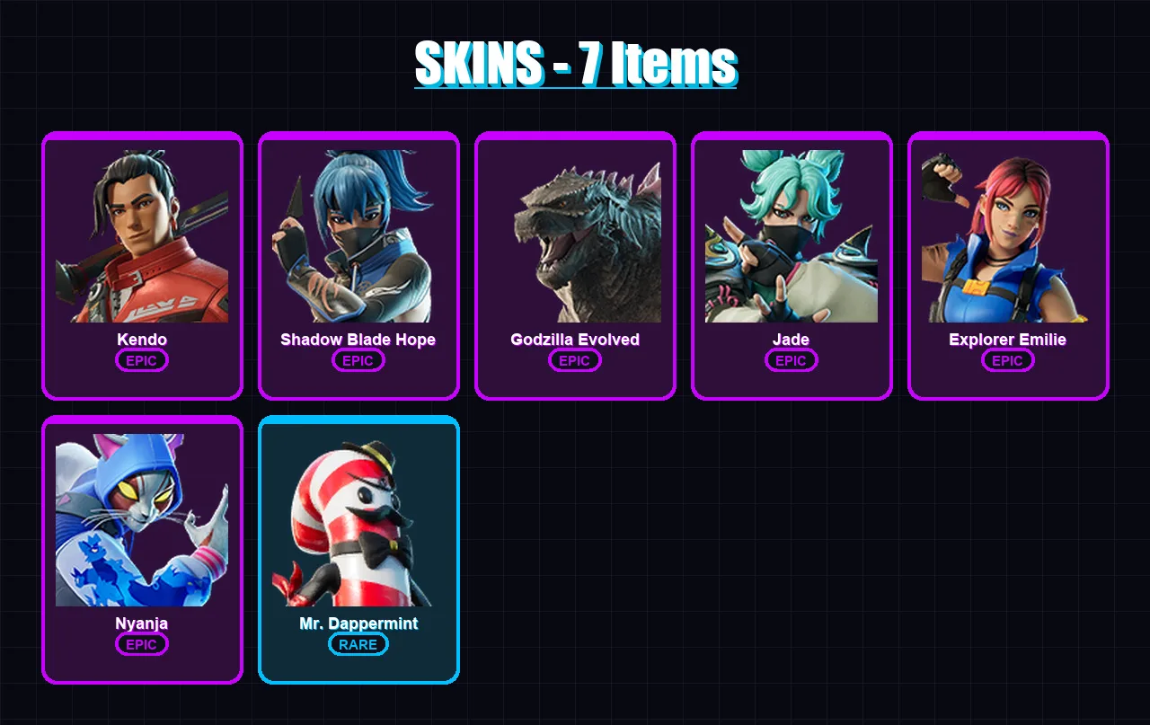 [PC/XBOX/PSN] | Kendo | Shadow Blade Hope | Godzilla Evolved | Jade | Explorer Emilie | 7 skin | 9 pickaxe | 8 emote | 10 glider | Lv63