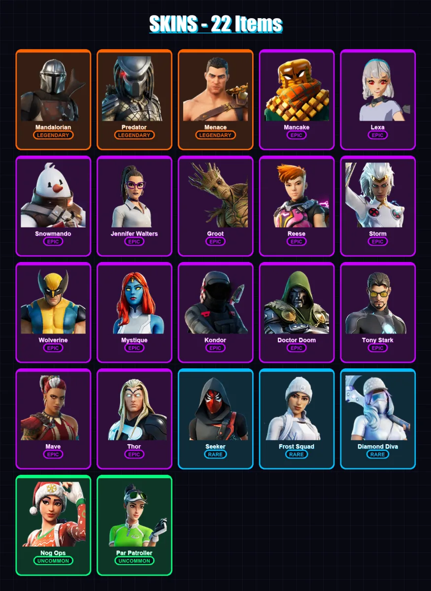 [PC/XBOX/PSN] | Mandalorian | Predator | Menace | Mancake | Lexa | 22 skin | 21 pickaxe | 18 emote | 18 glider | Lv283