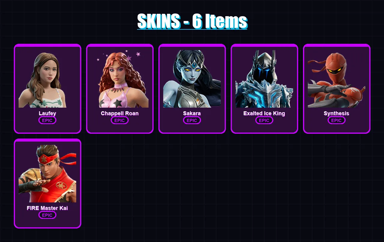 [PC/PSN] | Laufey | Chappell Roan | Sakara | Exalted Ice King | Synthesis | 6 skin | 5 pickaxe | 2 emote | 6 glider | Lv12