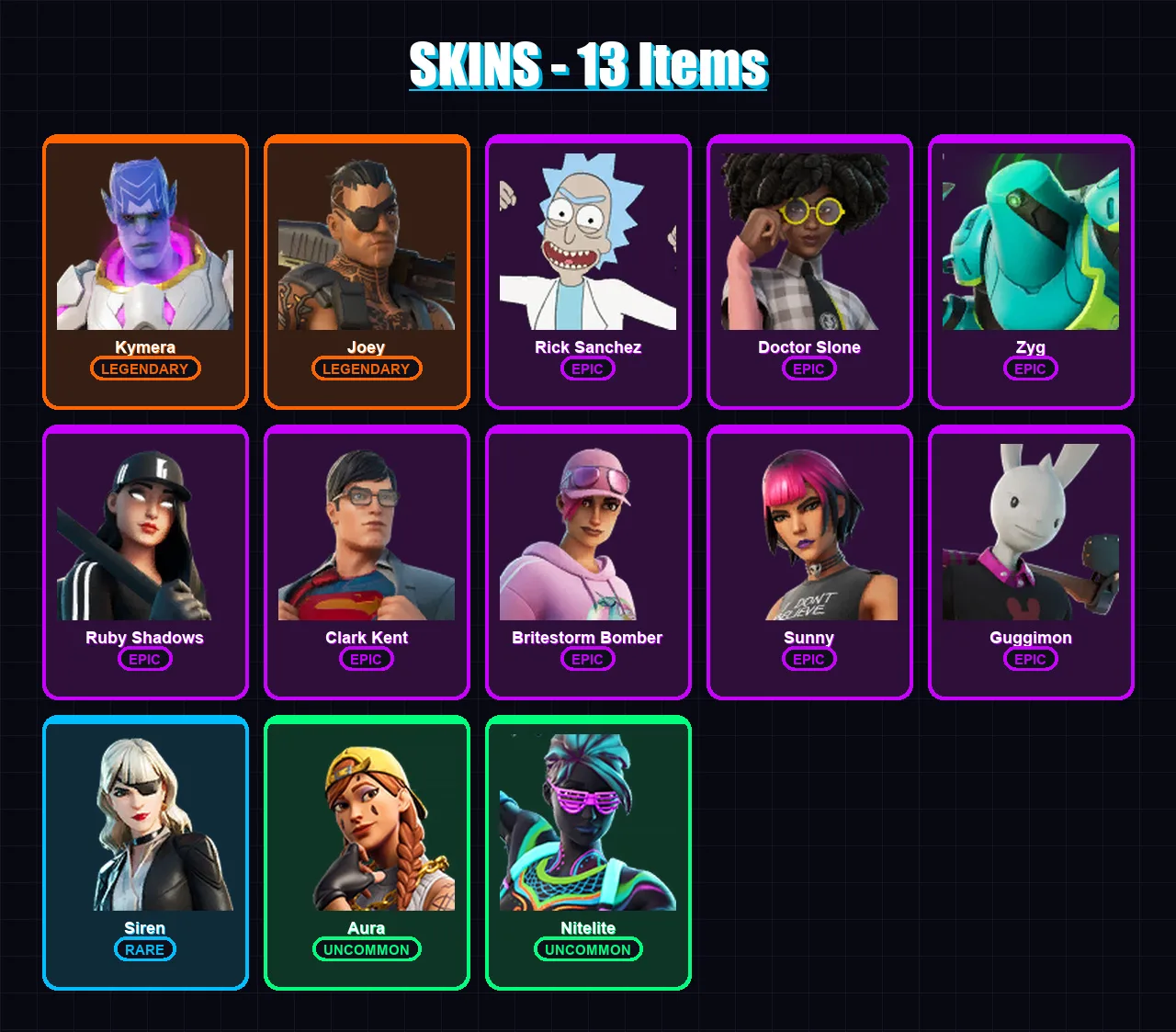 [PC/PSN] | Kymera | Joey | Rick Sanchez | Doctor Slone | Zyg | 13 skin | 11 pickaxe | 15 emote | 16 glider | Lv232 — Fortnite account