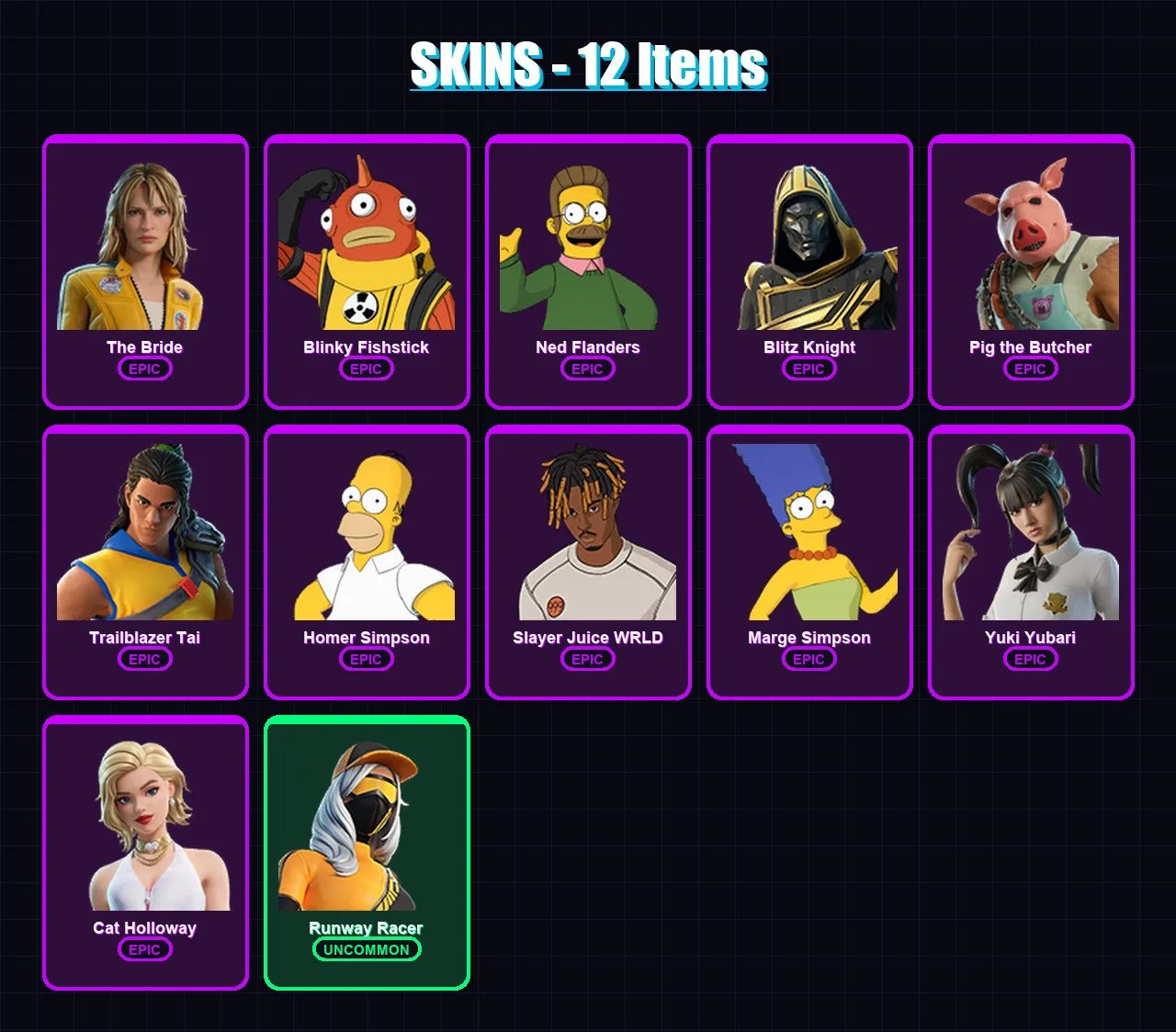 [PC/PSN] | The Bride | Blinky Fishstick | Ned Flanders | Blitz Knight | Pig the Butcher | 12 skin | 50 pickaxe | 26 emote | 37 glider | Lv557