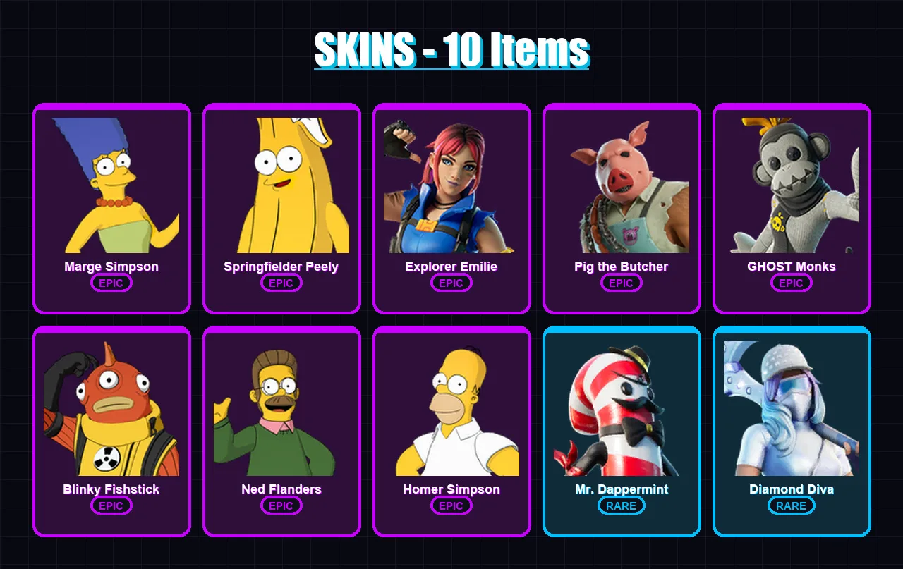 [PC/XBOX/PSN] | Marge Simpson | Springfielder Peely | Explorer Emilie | 10 skin | Lv209