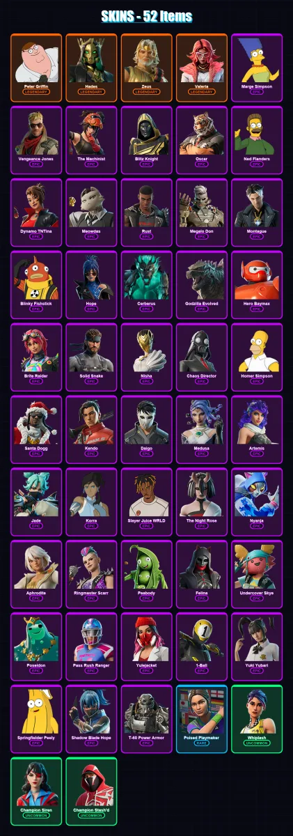 [PS4/PS5/PC] | Peter Griffin | Hades | Zeus | Valeria | Marge Simpson | 52 skin | 93 pickaxe | 55 emote | 68 glider | Lv791