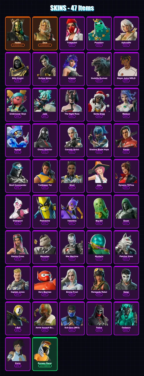 [PS4/PS5/XBOX/PC] | Hades | Zeus | Yulejacket | Poseidon | Aphrodite | 47 skin | 83 pickaxe | 54 emote | 61 glider | Lv1113 — Fortnite account