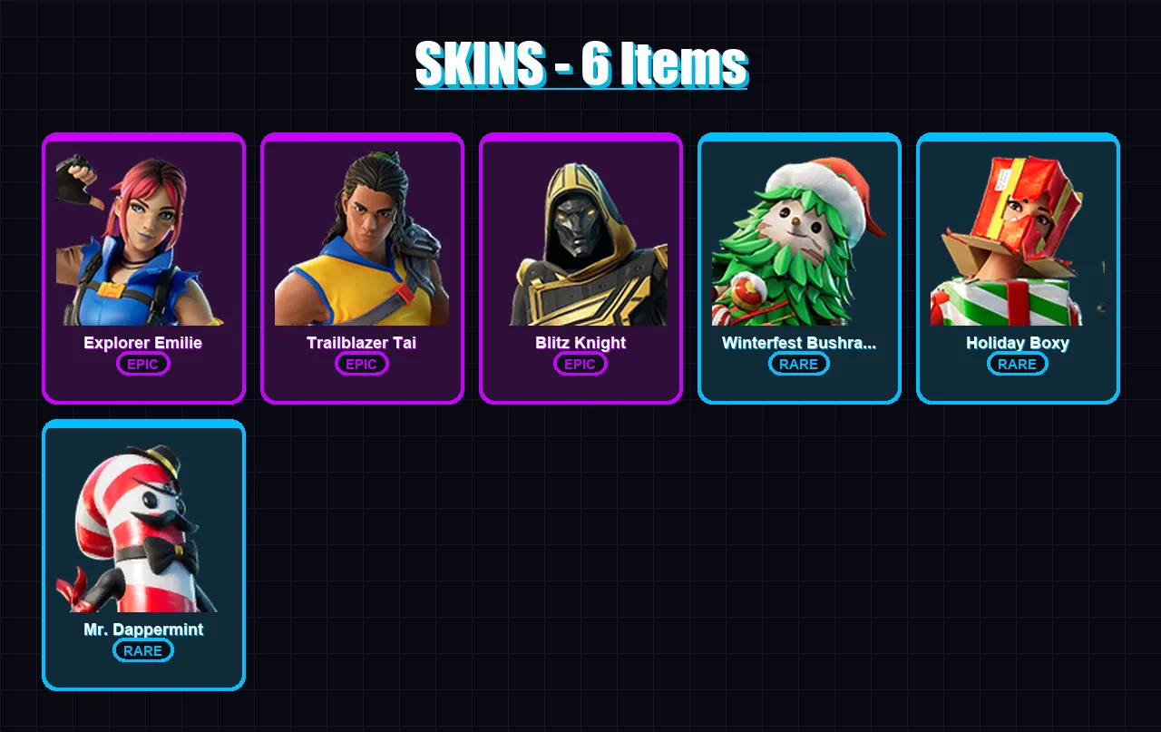[PC/PSN] | Explorer Emilie | Trailblazer Tai | Blitz Knight | Winterfest Bushranger | Holiday Boxy | 6 skin | 15 pickaxe | 5 emote | 16 glider | Lv1