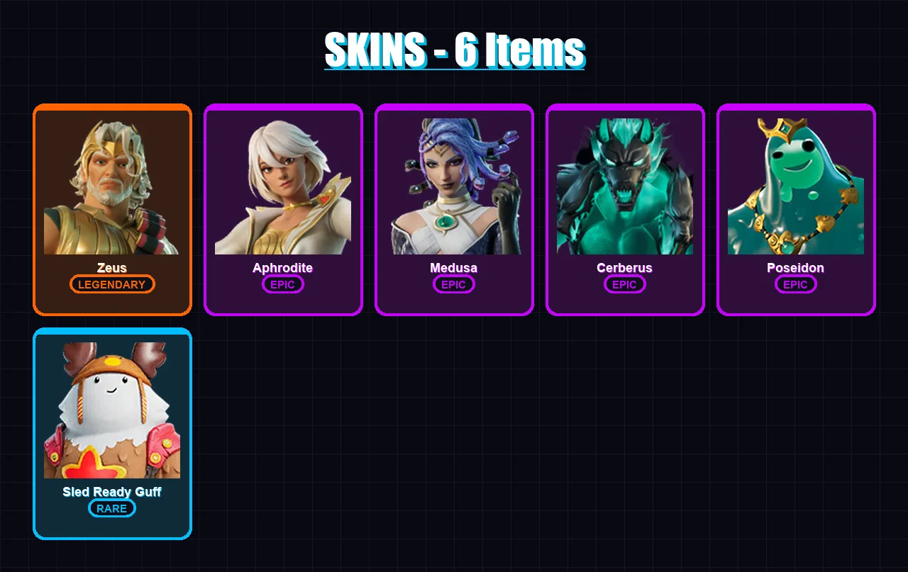 [PC/XBOX/PSN] | Zeus | Aphrodite | Medusa | Cerberus | Poseidon | 6 skin | 14 pickaxe | 11 emote | 18 glider | Lv201