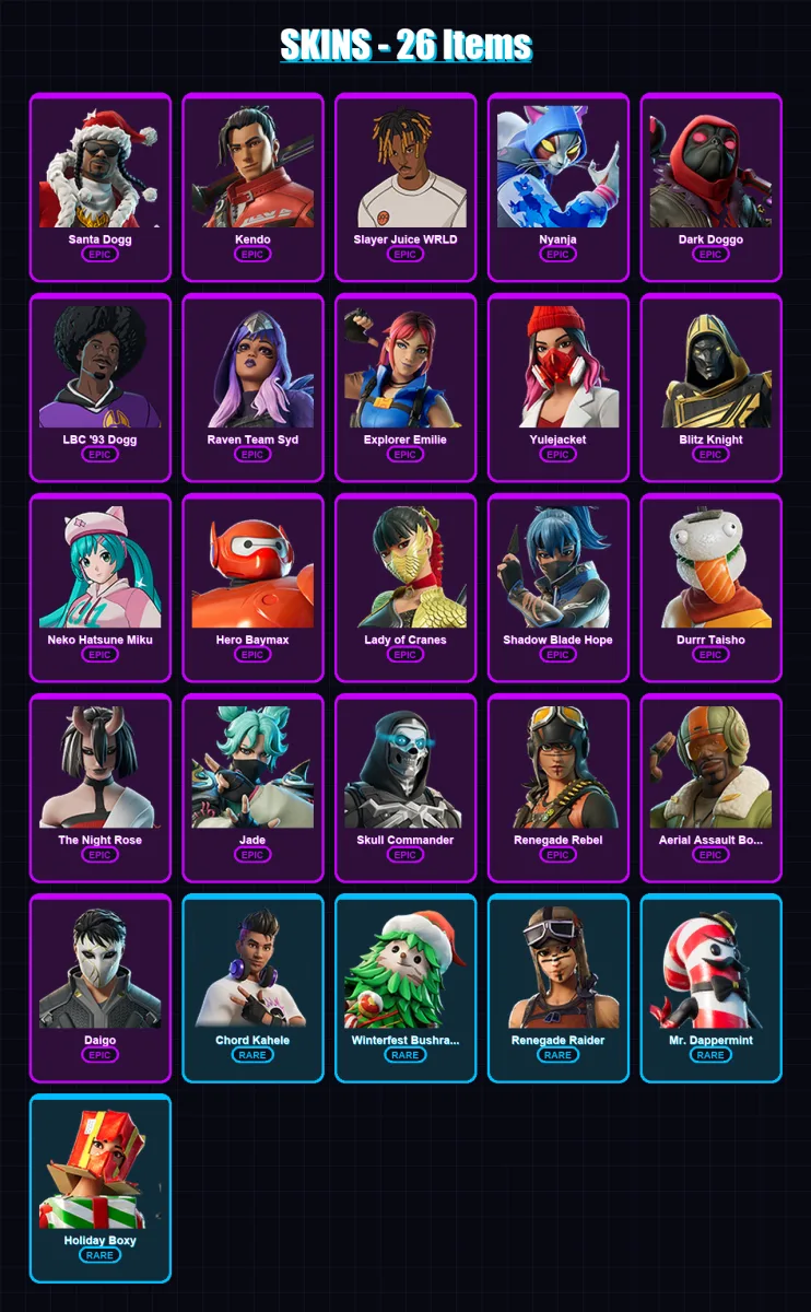 [PC/XBOX/PSN] | Santa Dogg | Kendo | Slayer Juice WRLD | Nyanja | Dark Doggo | 26 skin | 61 pickaxe | 29 emote | 40 glider | Lv510