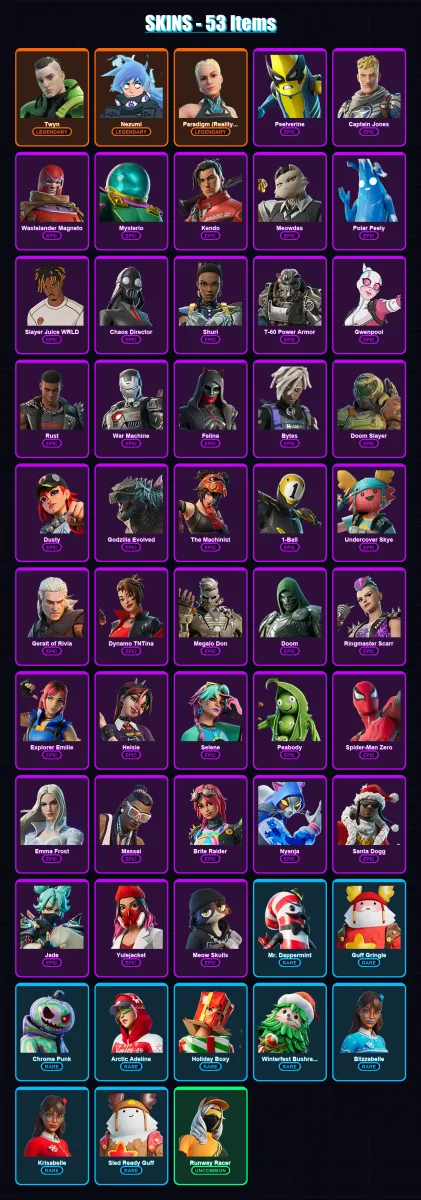 [PC/XBOX/PSN] | Twyn | Nezumi | Paradigm (Reality-659) | Peelverine | Captain Jones | 53 skin | 78 pickaxe | 57 emote | 70 glider | Lv828