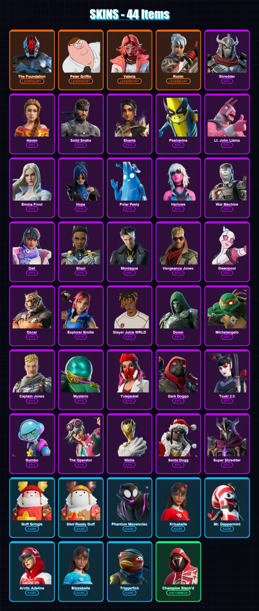 [PC/XBOX/PSN] | The Foundation | Peter Griffin | Valeria | Ronin | Shredder | 44 skin | 48 pickaxe | 55 emote | 41 glider | Lv447