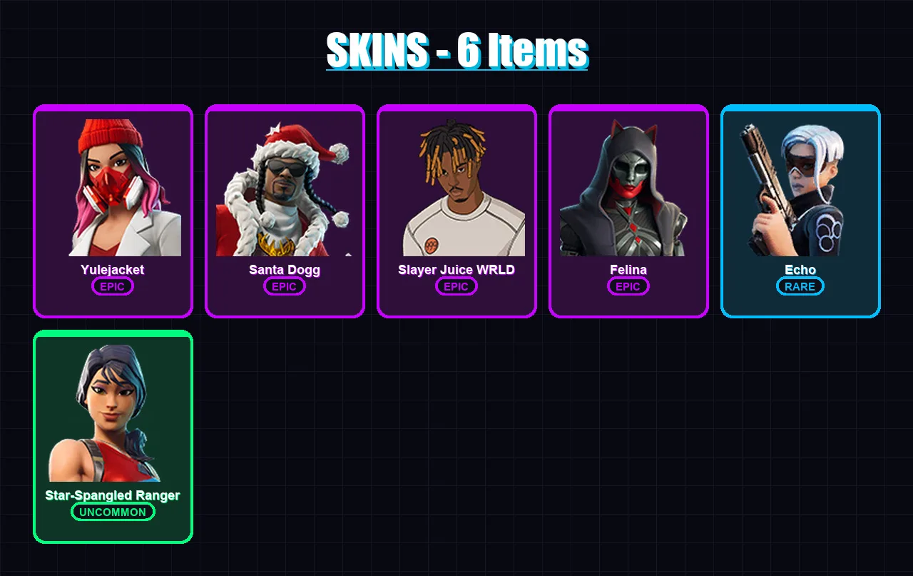 [PC/XBOX/PSN] | Yulejacket | Santa Dogg | Slayer Juice WRLD | Felina | Echo | 6 skin | 38 pickaxe | 27 emote | 28 glider | Lv541