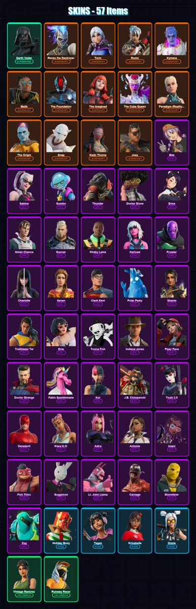 [PC/PSN] | Darth Vader | Renzo the Destroyer | Torin | Ronin | Kymera | 57 skin | 76 pickaxe | 54 emote | 73 glider | Lv1051 — Fortnite account