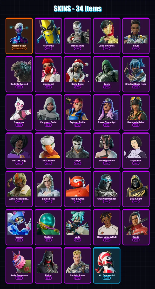[PC/XBOX/PSN] | Galaxy Scout | Peelverine | War Machine | Lady of Cranes | Shuri | 34 skin | 67 pickaxe | 43 emote | 44 glider | Lv976