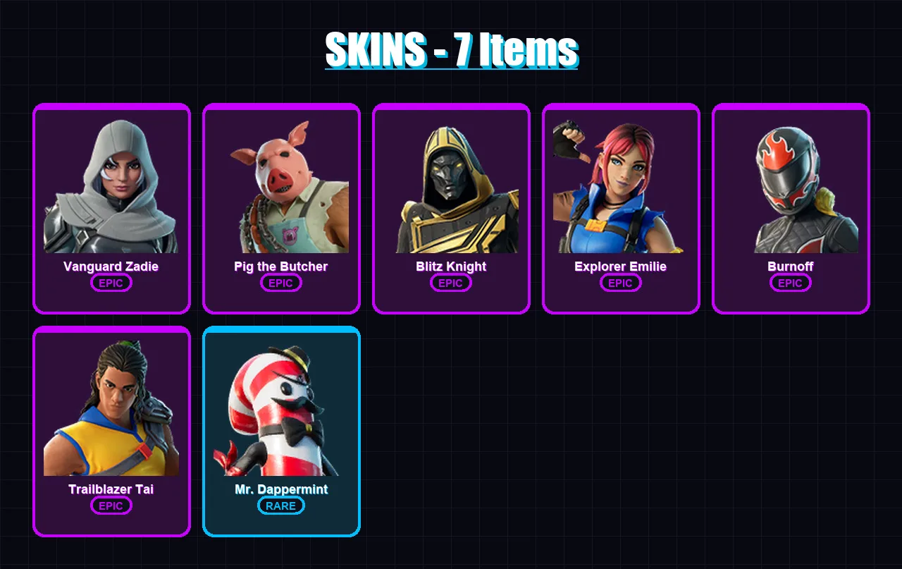 [PC/XBOX/PSN] | Vanguard Zadie | Pig the Butcher | Blitz Knight | Explorer Emilie | Burnoff | 7 skin | 29 pickaxe | 11 emote | 18 glider | Lv200