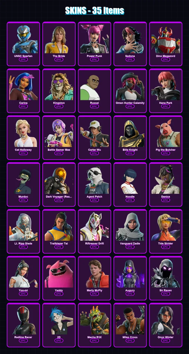 [SWITCH/XBOX/PSN/PC] | UNSC Spartan | The Bride | Power Punk | Sedona | Dino Megazord | 35 skin | 83 pickaxe | 52 emote | 51 glider | Lv714 — Fortnite account