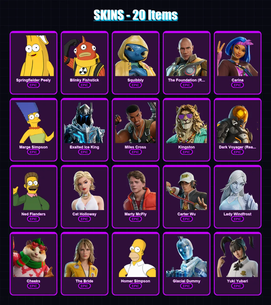 [PS4/PS5/XBOX/PC] | Springfielder Peely | Blinky Fishstick | Squibbly | 20 skin | Lv359