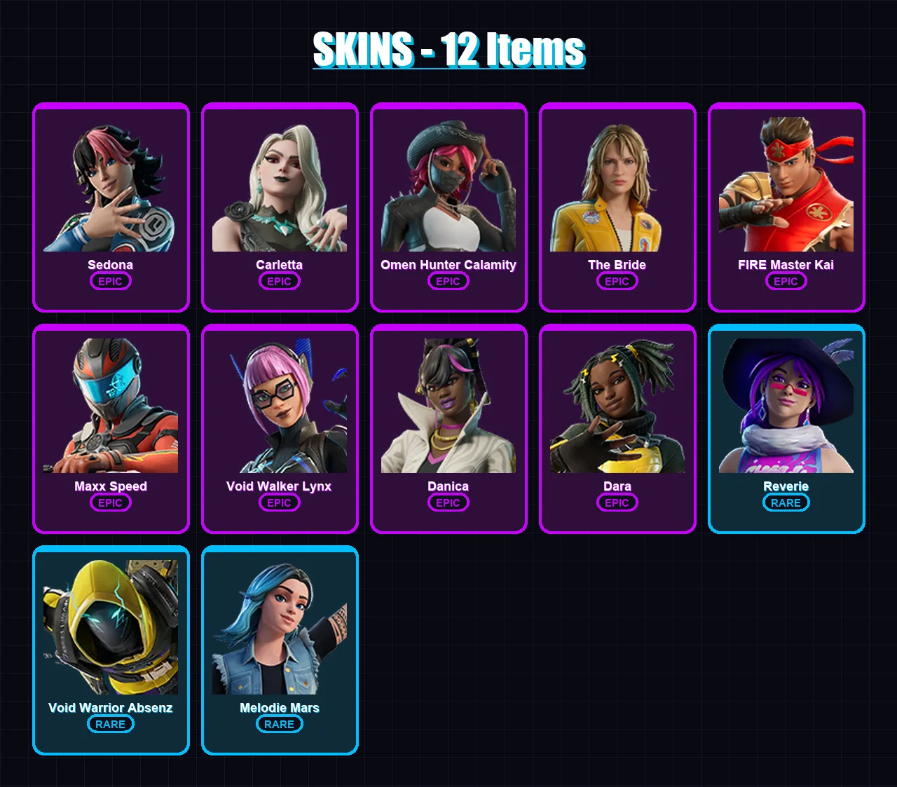 [PC/XBOX/PSN] | Sedona | Carletta | Omen Hunter Calamity | The Bride | FIRE Master Kai | 12 skin | 7 pickaxe | 3 emote | 3 glider | Lv17
