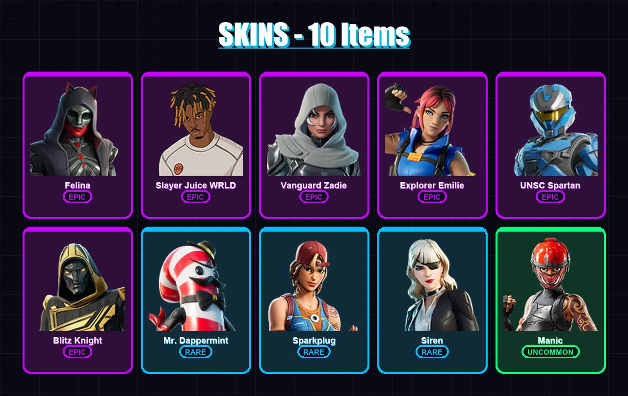 [PC/XBOX/PSN] | Felina | Slayer Juice WRLD | Vanguard Zadie | Explorer Emilie | UNSC Spartan | 10 skin | 51 pickaxe | 24 emote | 26 glider | Lv535