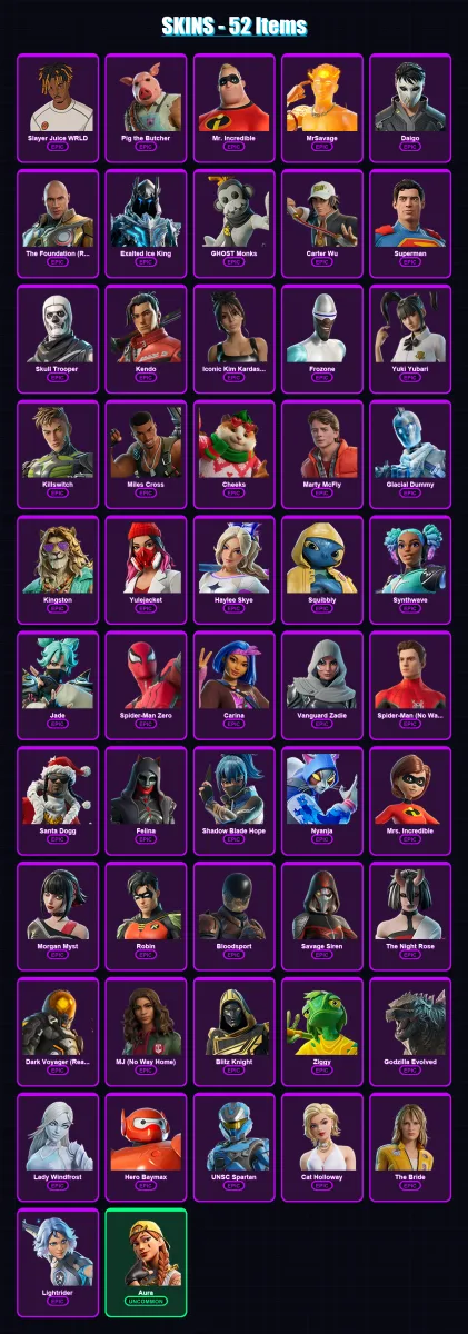[PS4/PS5/XBOX/PC] | Slayer Juice WRLD | Pig the Butcher | Mr. Incredible | MrSavage | Daigo | 52 skin | 114 pickaxe | 71 emote | 70 glider | Lv2526