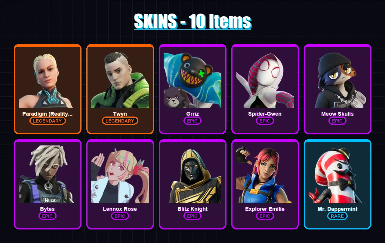 [PC/PSN] | Paradigm (Reality-659) | Twyn | Grriz | Spider-Gwen | Meow Skulls | 10 skin | 25 pickaxe | 15 emote | 19 glider | Lv318