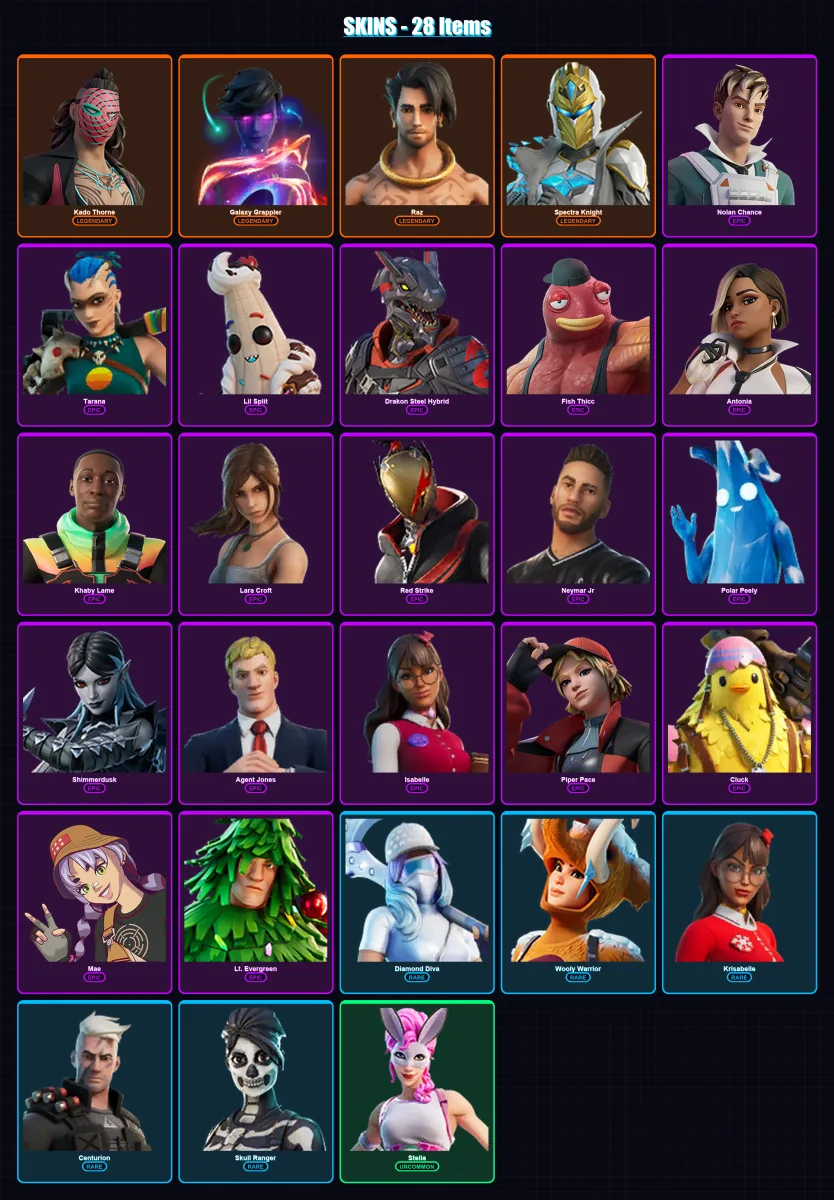 [PC/XBOX] | Kado Thorne | Galaxy Grappler | Raz | Spectra Knight | Nolan Chance | 28 skin | 34 pickaxe | 30 emote | 29 glider | Lv436