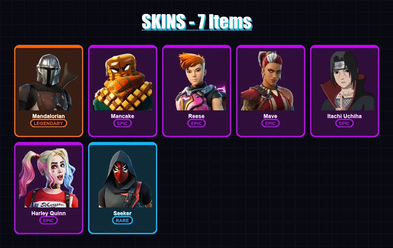 [PC/XBOX/PSN] | Mandalorian | Mancake | Reese | Mave | Itachi Uchiha | 7 skin | 12 pickaxe | 20 emote | 12 glider | Lv160