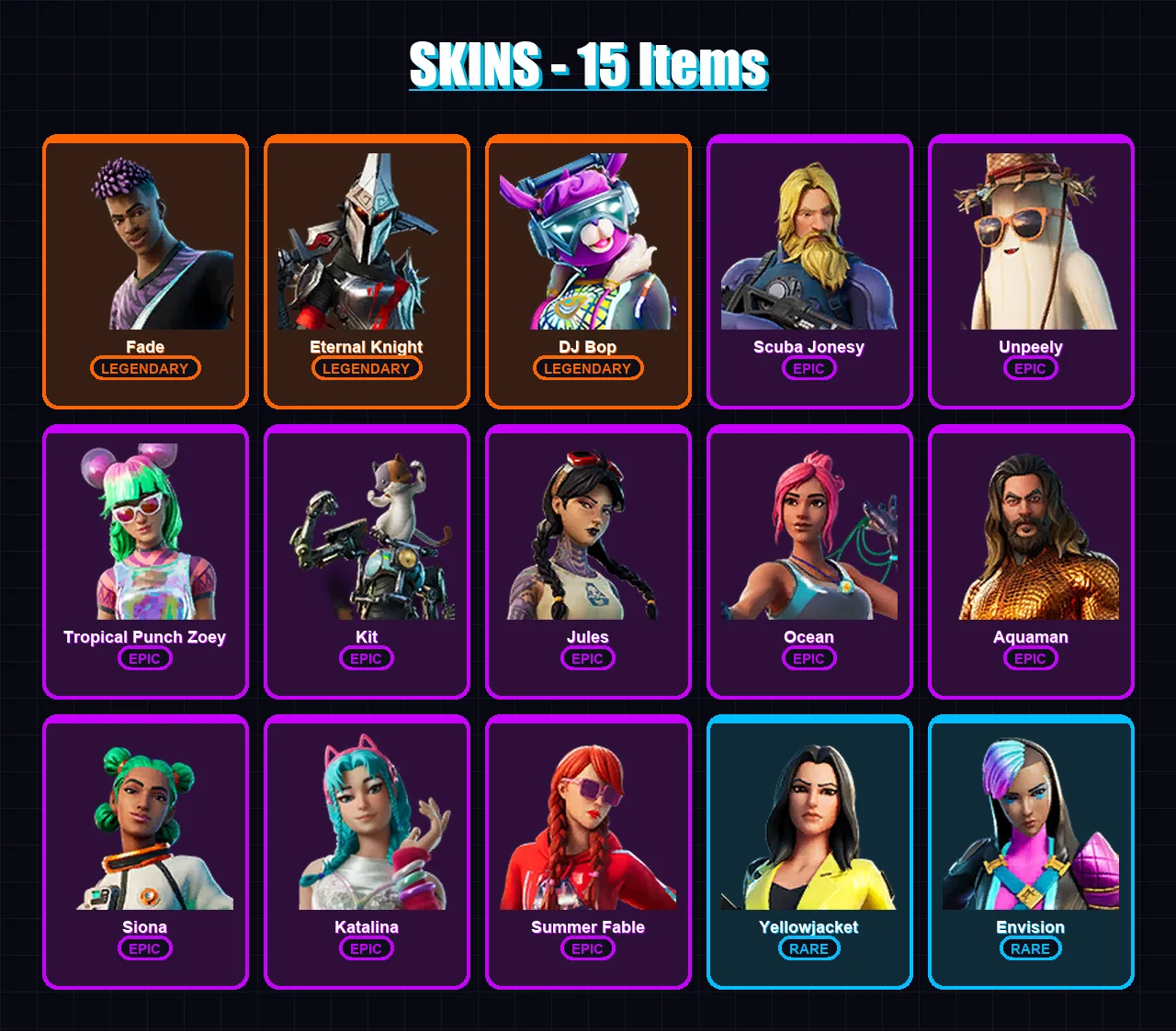 [PC/XBOX/PSN] | Fade | Eternal Knight | DJ Bop | Scuba Jonesy | Unpeely | 15 skin | 15 pickaxe | 17 emote | 14 glider | Lv166